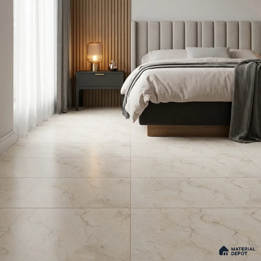 Modern Bedroom with Cream Marble-Look Glossy Floor Tile