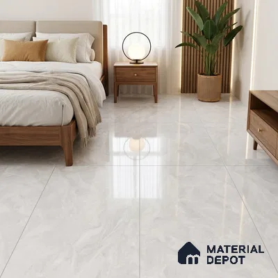 Modern Bedroom with White Marble-Look High Gloss Floor Tile