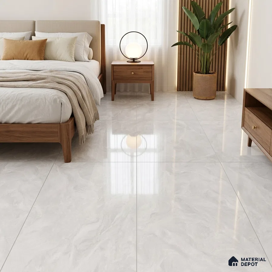 Modern Bedroom with White Marble-Look High Gloss Floor Tile