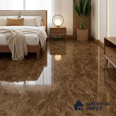 Modern Bedroom with Brown Marble-Look High Gloss Floor Tile