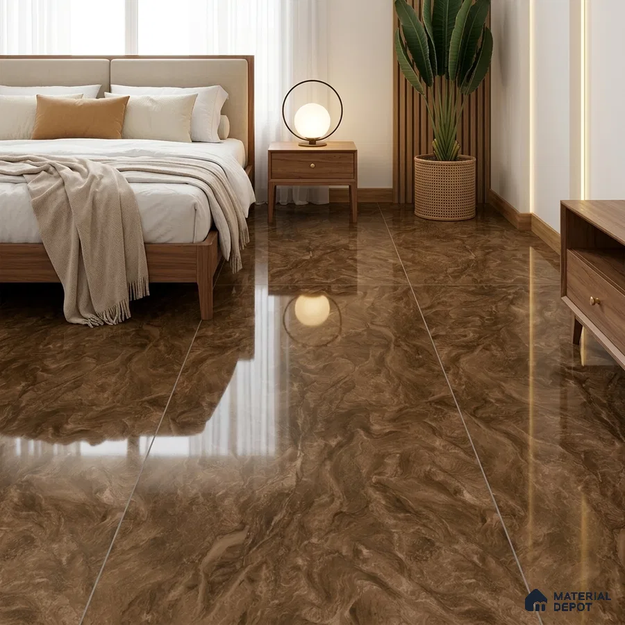 Modern Bedroom with Brown Marble-Look High Gloss Floor Tile