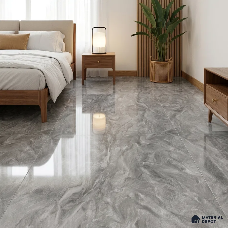 Modern Bedroom with Grey Marble-Look High Gloss Floor Tile