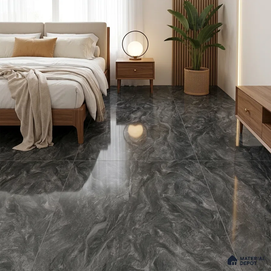 Modern Bedroom with Charcoal Marble-Look High Gloss Floor Tile