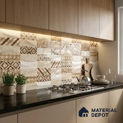 Modern kitchen with beige patterned backsplash tiles, light oak laminate cabinets, and black marble countertop