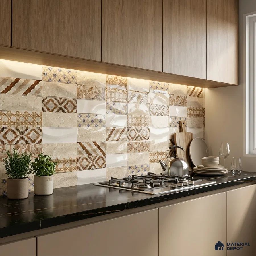 Modern kitchen with beige patterned backsplash tiles, light oak laminate cabinets, and black marble countertop