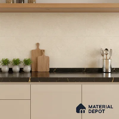Minimalist kitchen with beige laminate cabinets, black marble countertop, and cream stone wall tiles