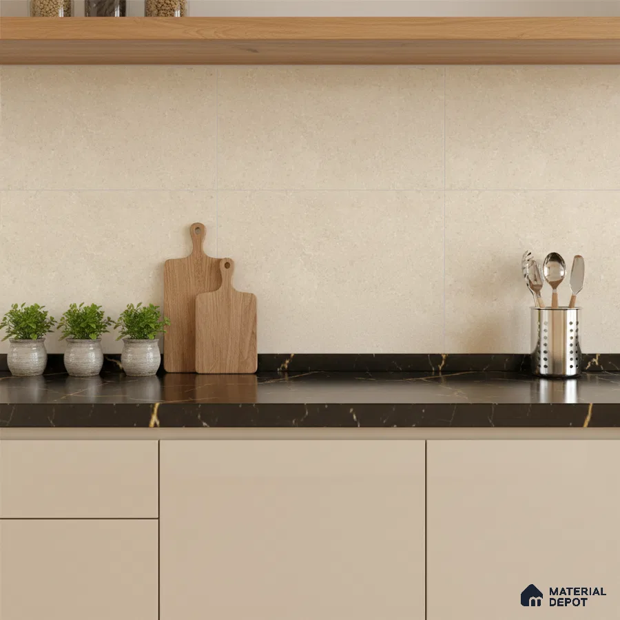 Minimalist kitchen with beige laminate cabinets, black marble countertop, and cream stone wall tiles