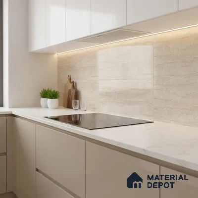 Minimalist kitchen with frosty white laminate, beige marble backsplash tile, and white marble countertop
