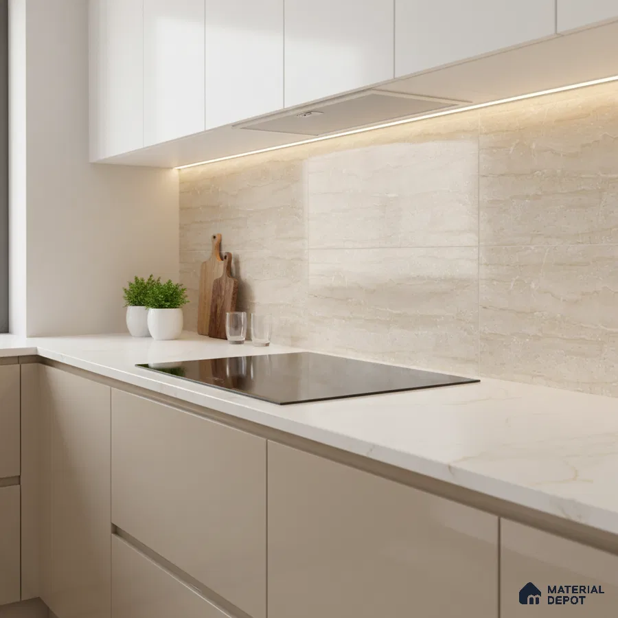 Minimalist kitchen with frosty white laminate, beige marble backsplash tile, and white marble countertop