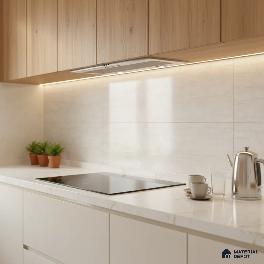 Scandinavian kitchen with light oak laminate cabinets and white marble-look quartz countertop