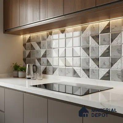 Modern kitchen with geometric patterned backsplash tiles, walnut laminate cabinets, and white marble countertop