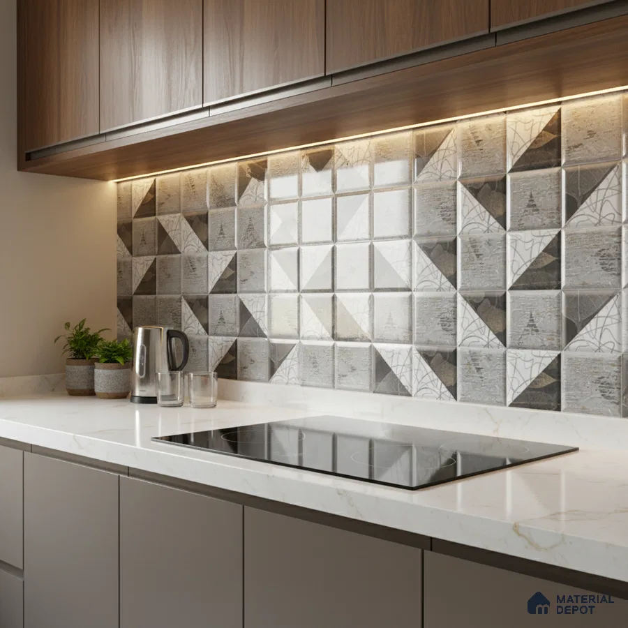 Modern kitchen with geometric patterned backsplash tiles, walnut laminate cabinets, and white marble countertop