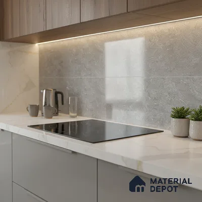 Modern kitchen with grey stone backsplash, white marble-look quartz countertop, and light wood laminate cabinets