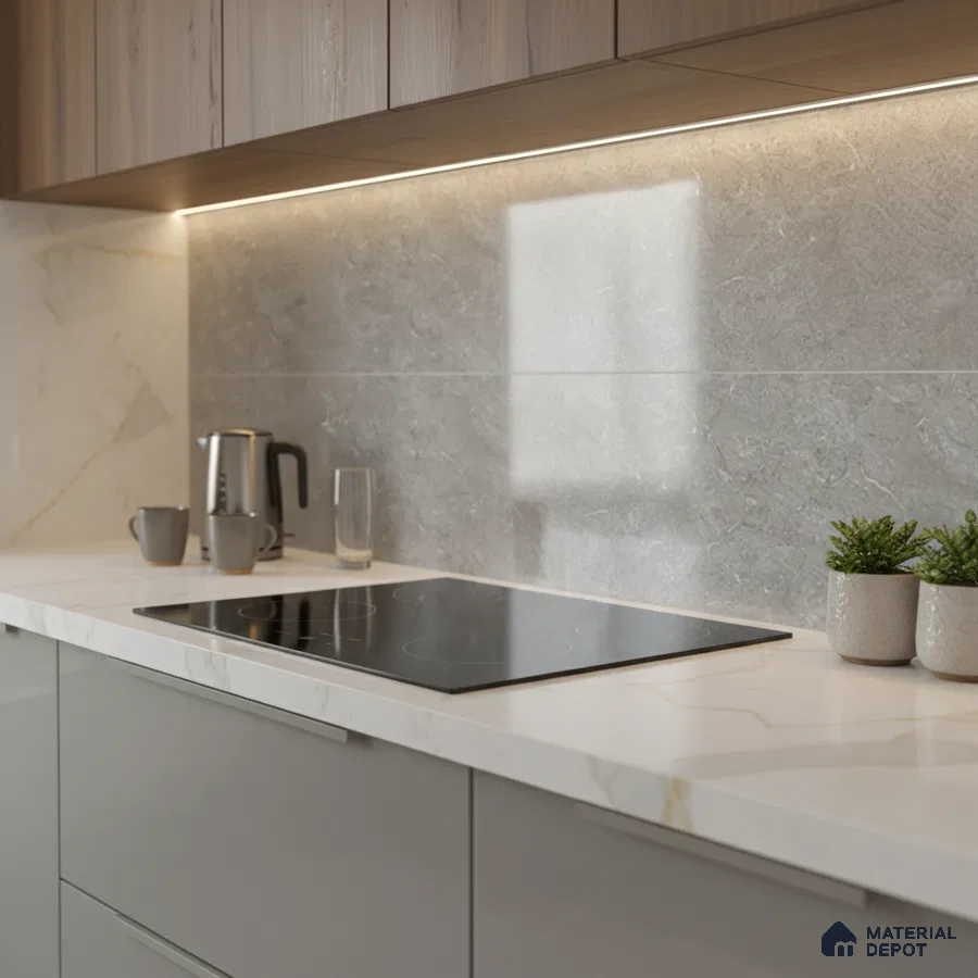 Modern kitchen with grey stone backsplash, white marble-look quartz countertop, and light wood laminate cabinets
