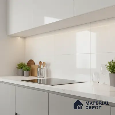 Minimalist kitchen with frosty white laminate cabinets and white marble-look quartz countertop