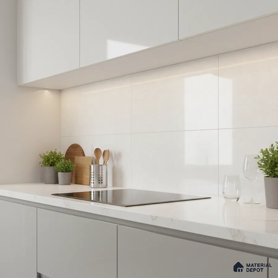 Minimalist kitchen with frosty white laminate cabinets and white marble-look quartz countertop