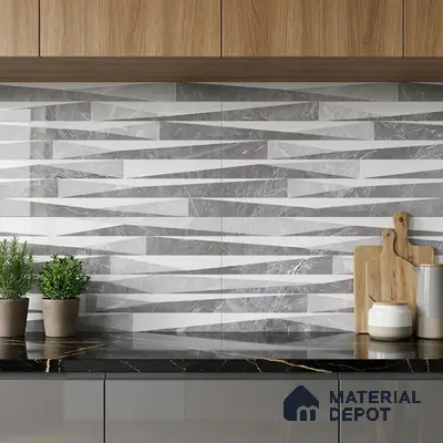 Modern kitchen with geometric marble-look backsplash tile, black marble countertop, and walnut wood laminate cabinets