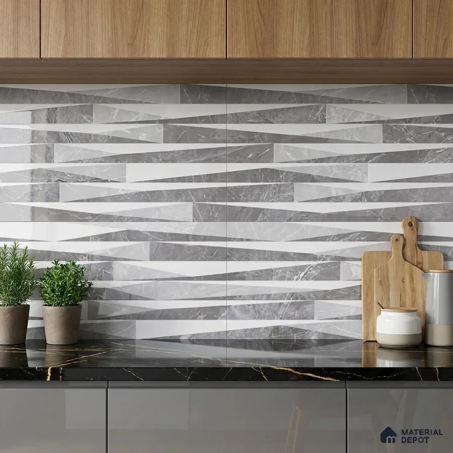 Modern kitchen with geometric marble-look backsplash tile, black marble countertop, and walnut wood laminate cabinets
