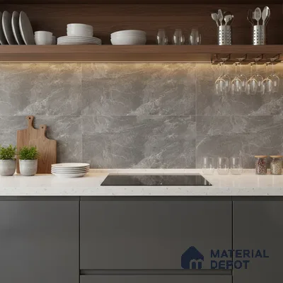 Modern kitchen with grey marble-look backsplash tile, white quartz countertop, and matte grey laminate cabinets