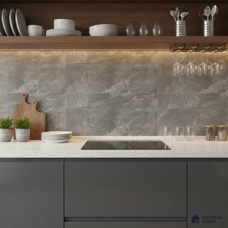Modern kitchen with grey marble-look backsplash tile, white quartz countertop, and matte grey laminate cabinets