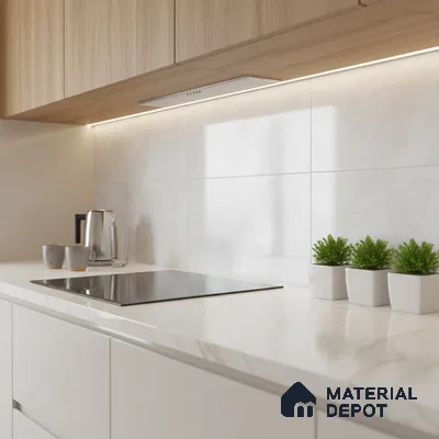 Minimalist kitchen with light oak laminate cabinets, white marble-look quartz countertop, and large white wall tiles