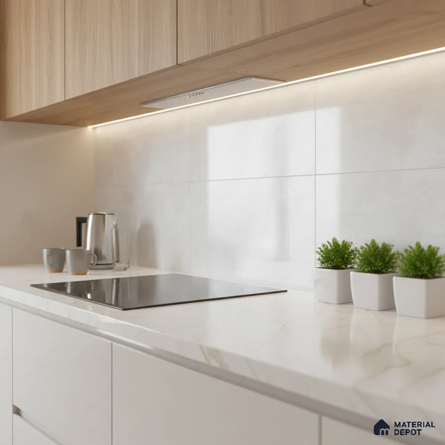 Minimalist kitchen with light oak laminate cabinets, white marble-look quartz countertop, and large white wall tiles