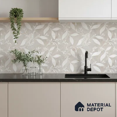 Modern kitchen with beige floral patterned backsplash tile and black quartz countertop