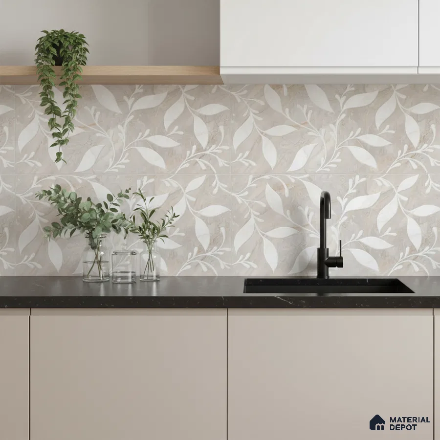 Modern kitchen with beige floral patterned backsplash tile and black quartz countertop