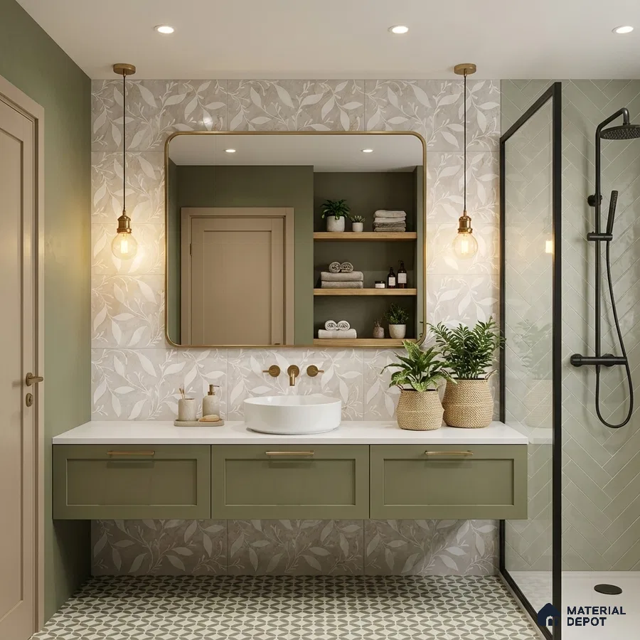 Modern bathroom with sage green vanity, leaf-patterned wall tiles, and geometric floor tiles