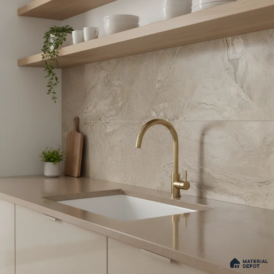 Minimalist kitchen with beige quartz countertop and stone-look backsplash tile