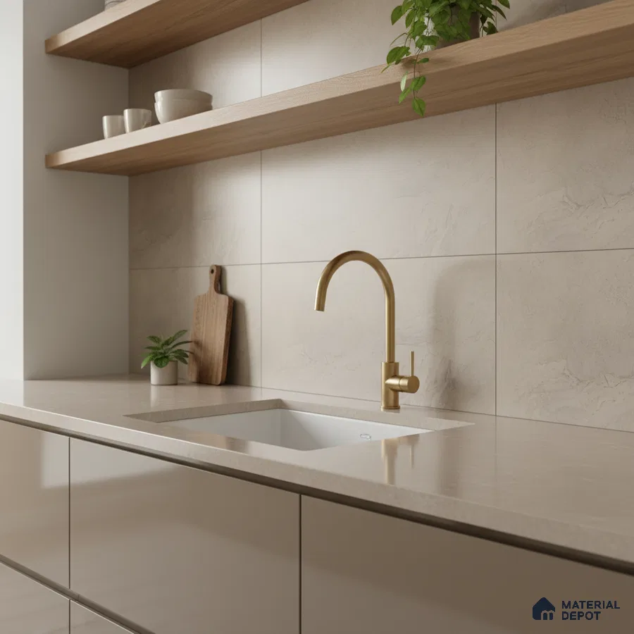 Minimalist kitchen with beige quartz countertop, matte beige laminate cabinets, and light stone wall tiles
