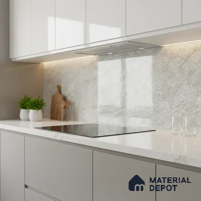 Minimalist kitchen with frosty white laminate cabinets and marble-look backsplash
