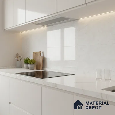 Minimalist kitchen with frosty white laminate cabinets and white marble-look quartz countertop
