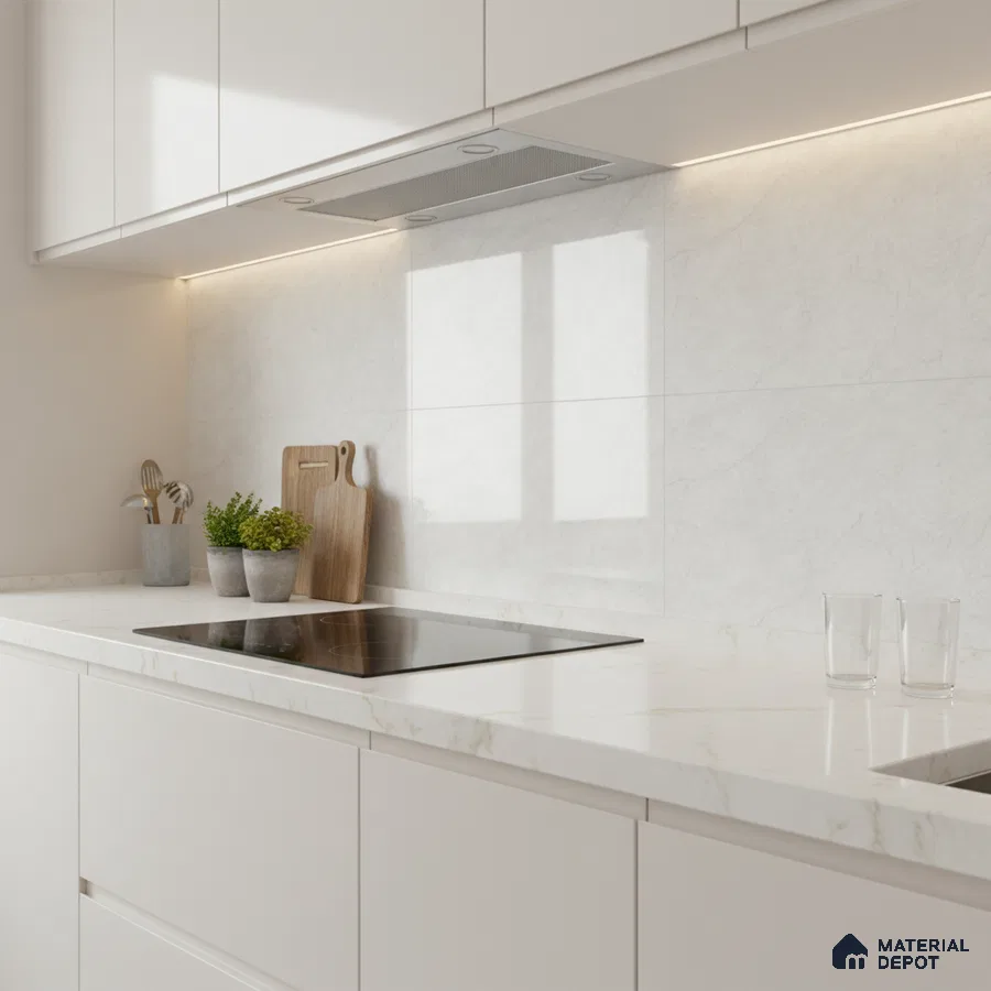 Minimalist kitchen with frosty white laminate cabinets and white marble-look quartz countertop