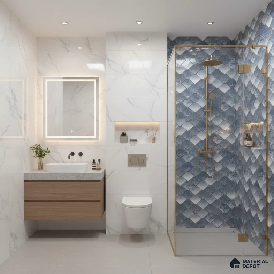 Modern bathroom with white marble wall tiles, blue fish scale highlighter shower tiles, and floating wood vanity