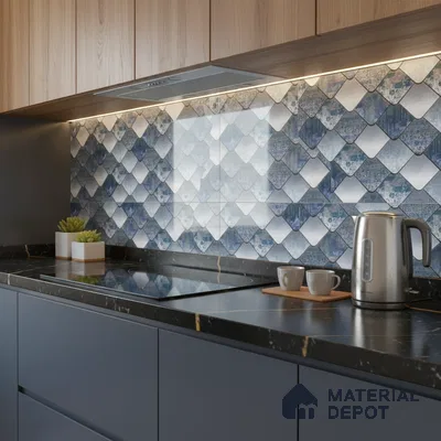 Modern kitchen with blue fishscale backsplash tiles, black marble countertop, and matte blue laminate cabinets