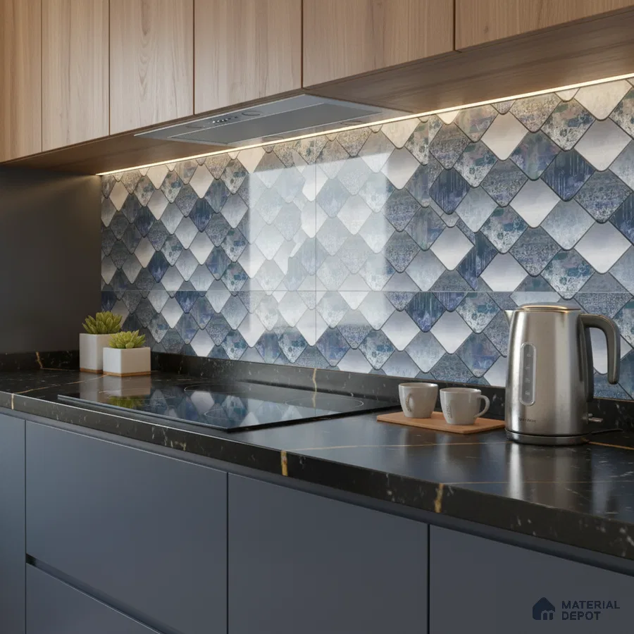 Modern kitchen with blue fishscale backsplash tiles, black marble countertop, and matte blue laminate cabinets