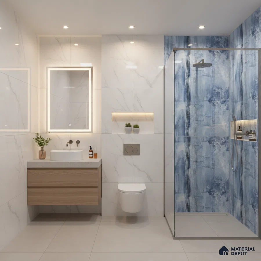 Modern bathroom with white marble wall tiles, blue abstract highlighter shower tiles, and floating wood vanity