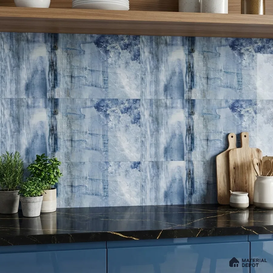 Modern kitchen with blue marble-look backsplash tile, black marble countertop, and blue laminate cabinets