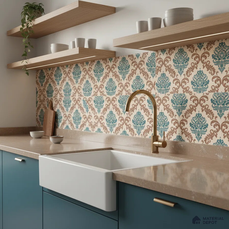 Modern kitchen with teal blue laminate cabinets, beige quartz countertop, and damask patterned backsplash tiles
