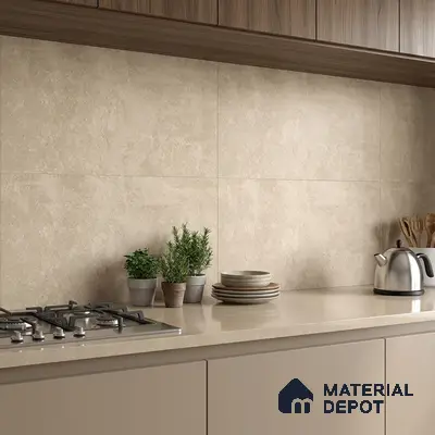 Modern kitchen with beige stone-look backsplash tile, taupe laminate cabinets, and wood grain upper cabinets