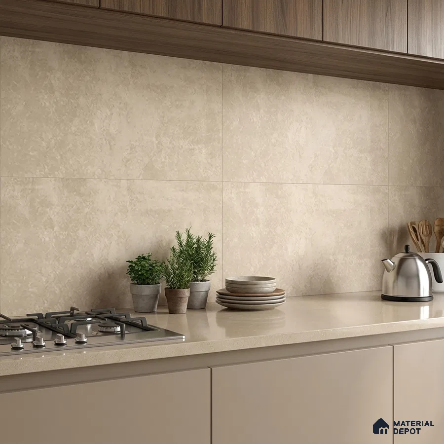 Modern kitchen with beige stone-look backsplash tile, taupe laminate cabinets, and wood grain upper cabinets