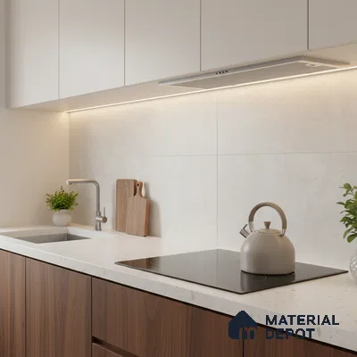 Minimalist kitchen with walnut wood laminate base cabinets, frosty white laminate wall cabinets, and white quartz countertop