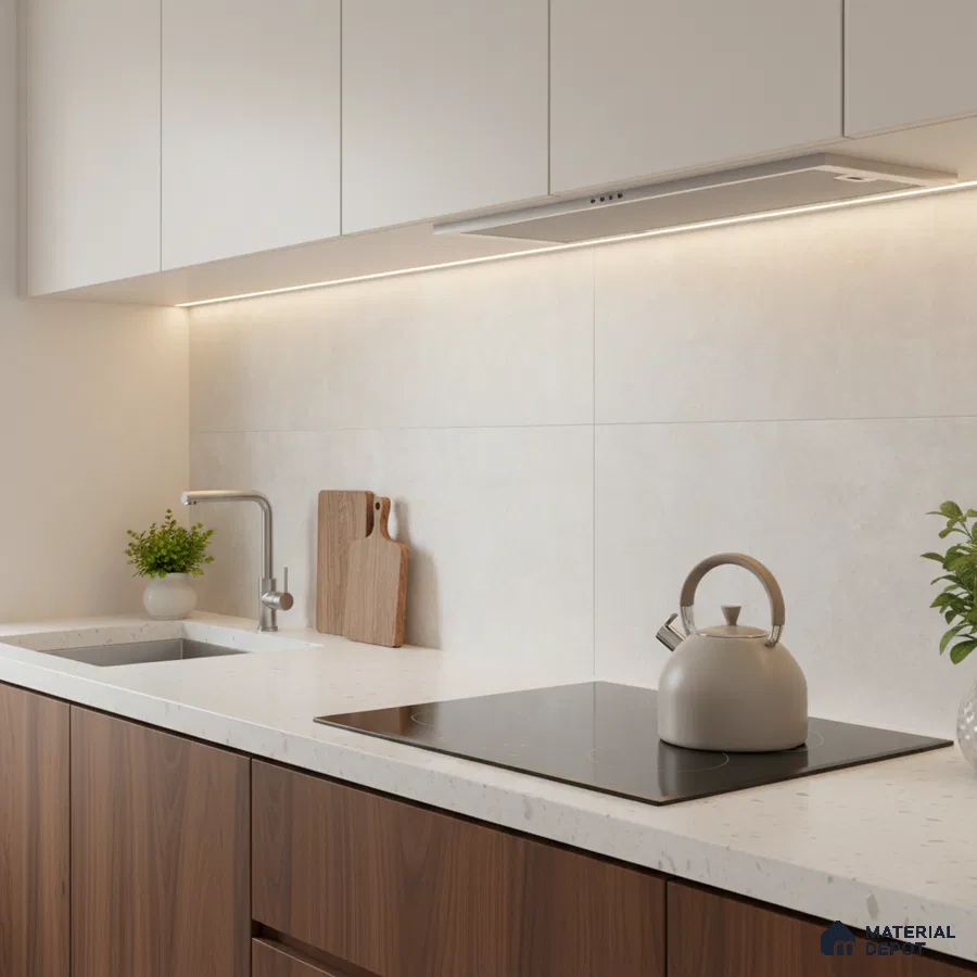 Minimalist kitchen with walnut wood laminate base cabinets, frosty white laminate wall cabinets, and white quartz countertop