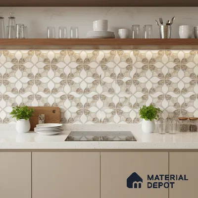 Modern kitchen with beige laminate cabinets, white quartz countertop, and beige geometric patterned backsplash tiles