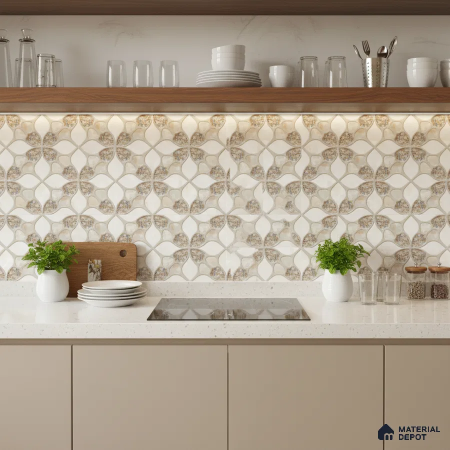 Modern kitchen with beige laminate cabinets, white quartz countertop, and beige geometric patterned backsplash tiles