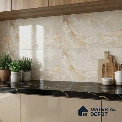 Modern kitchen with beige marble-look backsplash tile, black marble countertop, and glossy beige laminate cabinets