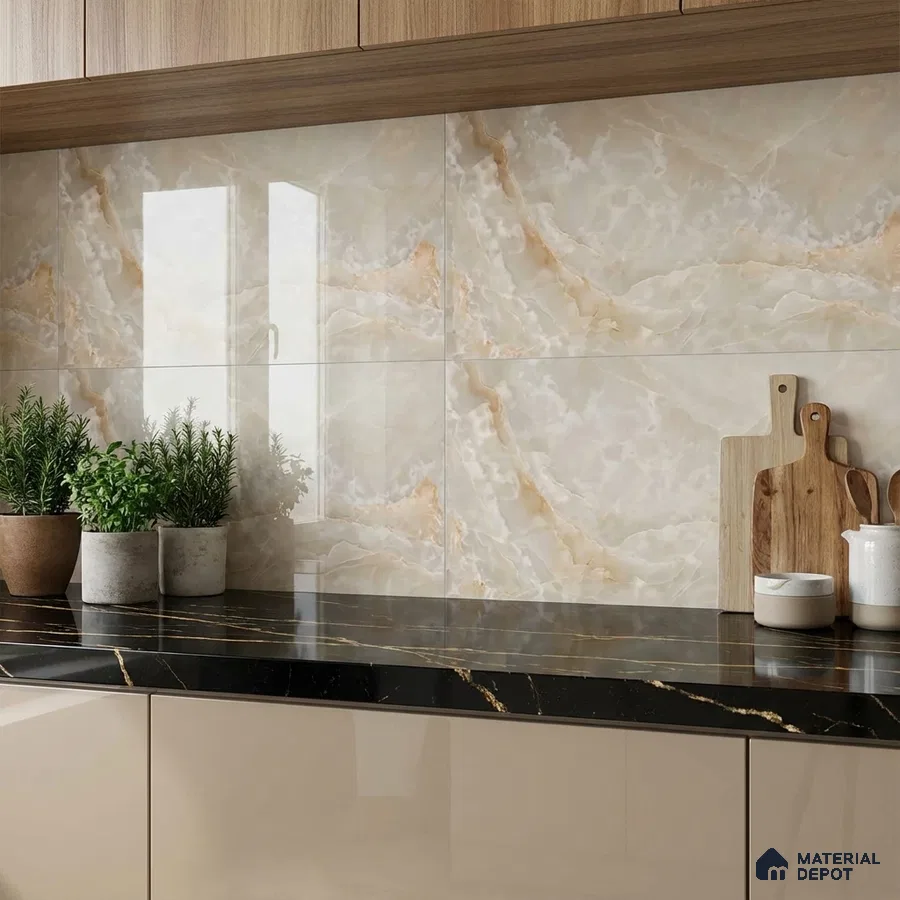 Modern kitchen with beige marble-look backsplash tile, black marble countertop, and glossy beige laminate cabinets