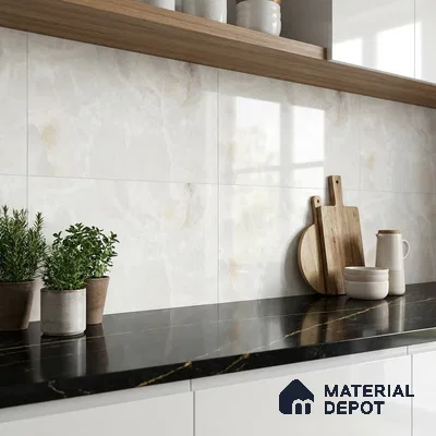 Modern kitchen with black marble countertop, white marble-look backsplash tile, and wood open shelf