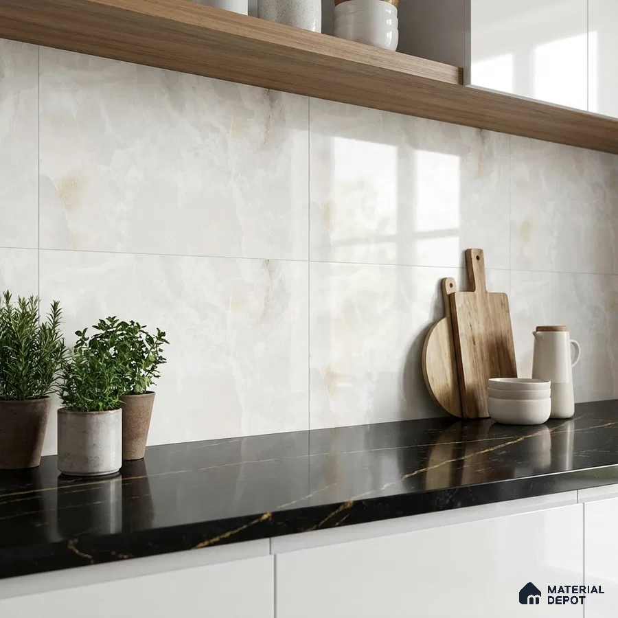 Modern kitchen with black marble countertop, white marble-look backsplash tile, and wood open shelf